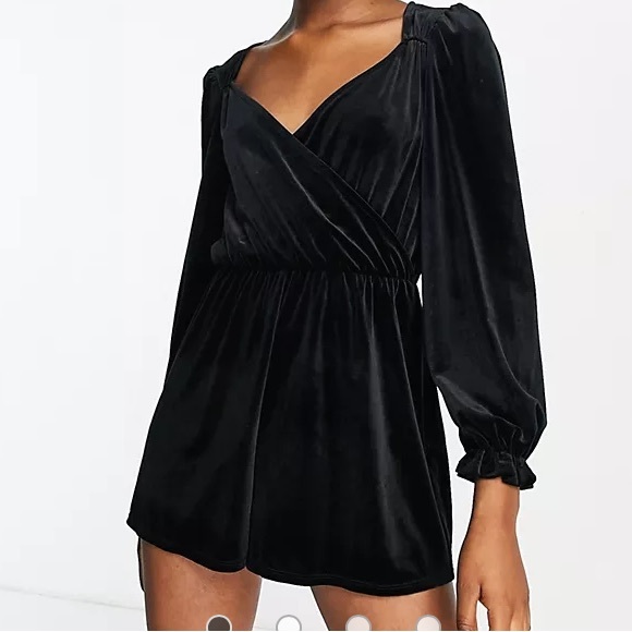 Miss Selfridge velvet wrap front romper in black - Picture 1 of 2